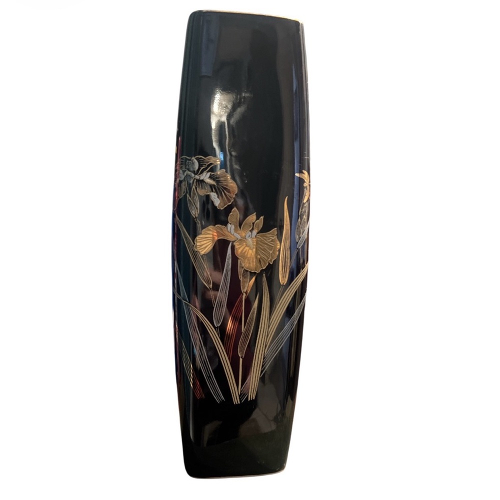 Yamaji Sophisticated Black and Gold Iris Dragonfly From Japan Floral Vase